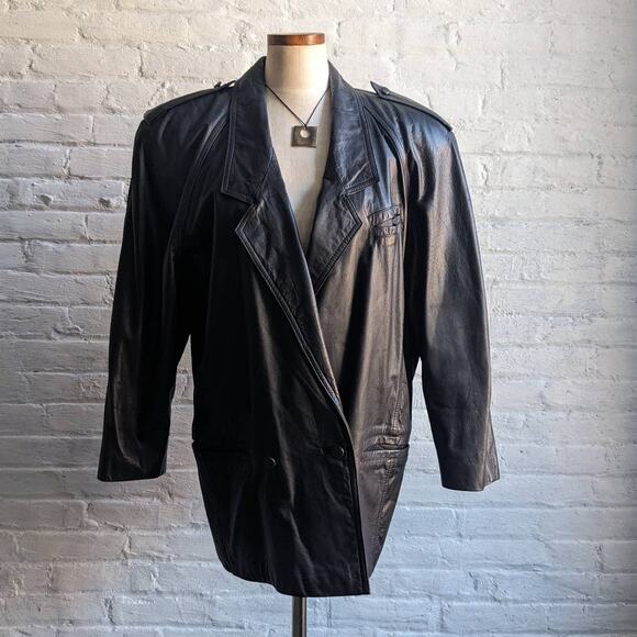 Vintage Minimalist Black Leather Duster Embroidered Biker Moto Goth Trench Coat - Picture 1 of 9